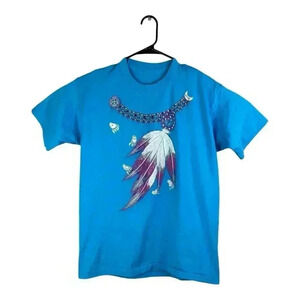 VINTAGE Western T-Shirt Women XL Blue Cowgirl Feather Southwest Single Stitch
